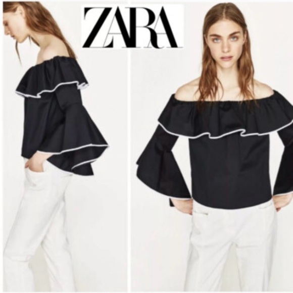 ZARA Off Shoulder Bell Sleeve Ruffle Blouse Size S - Picture 1 of 6
